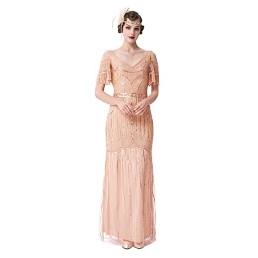 BABEYOND Long Dress V-Neck Party Dress Multi-Layer Long Fringe (Medium, Rose Gold)