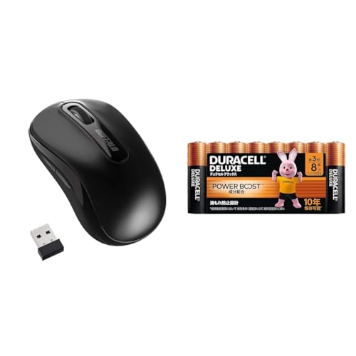 【セット買い】バッファロー マウス 無線 ワイヤレス 5ボタン 【戻る/進むボタン搭載】 小型 軽量 節電モデル 最大584日使用可能 BlueLED ブラック BSMBW315BK+【デュラセル】デラックス 単3形アルカリ乾電池 8本入り 保存期間10年 防犯グッズ 医療機器 ゲーミングガジェット 音楽音響機器向け アメリカパワー Duracell