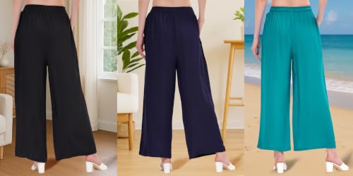 Image of Buy That Trendz Palazzo Pants for Women Rayon Elasticated Regular Fit Flared Wide Leg M to 6XL Pack of 3