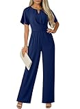 Dokotoo Womens Summer Jumpsuits for Women Dressy Casual One Piece Business Outfits Short Sleeve Formal Jumpsuit Overalls Crew Neck Wide Leg Pants Rompers with Pockets (Blue,Large)