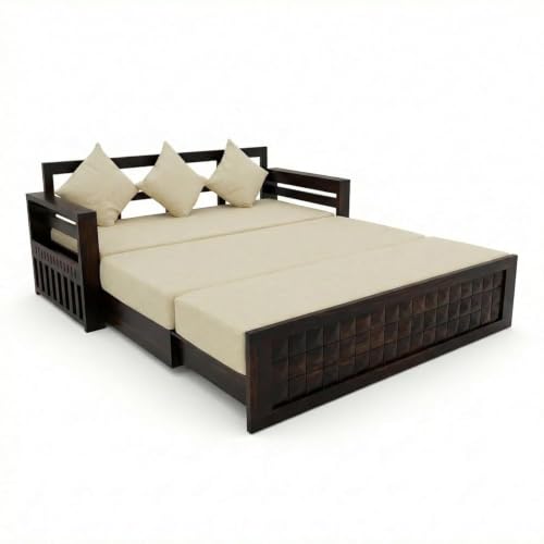 Image of SONA ART & CRAFTS Diamond Sheesham Wood Sofa Cum Bed 3 Seater with Storage and Side Pockets for Living Room Organizer Furniture Sofa Bed Home, Bedroom (Walnut Finish)