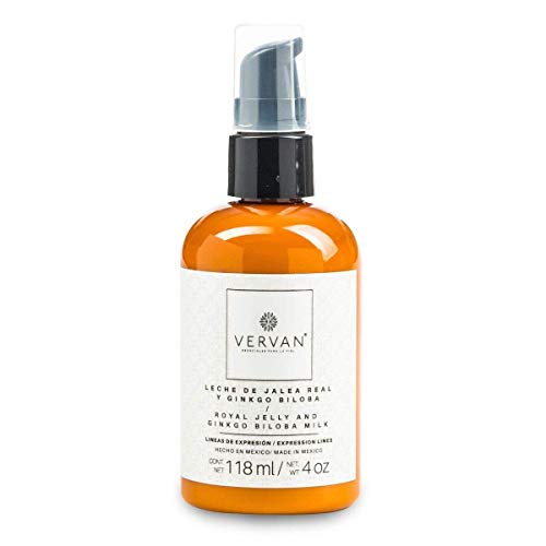 Vervan All Natural Nourishing and Moisturizing Royal Jelly & Ginkgo Biloba Milk, Gives Luminosity, Prevent Expression Lines, NO Greasy Feeling, Oatmeal Extract, For Damaged Skin, 4 Oz.