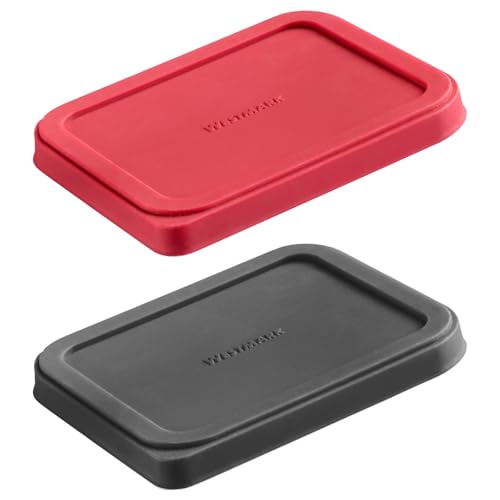 Westmark Deckel zur Aufbewahrung von Lebensmitteln — dehnbarer, wiederverwendbarer Silikondeckel für Dosen, kleinere Schalen oder Joghurtbecher — ø 10,5 + 8,5 cm, Silikon, 2er-Pack, rot/schwarz