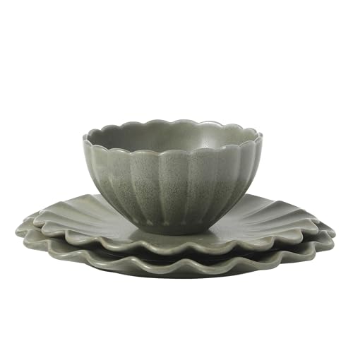 Gibson Elite Bistro Fleur Plates and Bowls Sets, 12-Piece Stoneware Dinnerware Set for 4, Matte Green Scalloped Dish Set with Dinner Plates, Salad Plates & Bowls by Gibson Elite - Used condition - Image 9