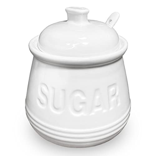 Sugar Bowl with Lid and Spoon, Ceramic Sugar Containers for Countertop, Sugar Cube Jar Coffee Bar Accessories, Covered Sugar Holder for Kitchen 12oz, White