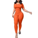 Nimsruc Two Piece Outfits For Women Summer Casual Short Sleeve Jogging Suits Bodycon Tracksuit Comfy Sweatsuits Pants Sets Matching Clothing Orange XXL