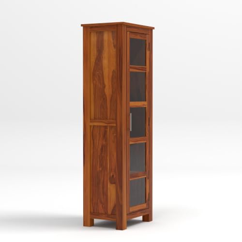 Image of Solid Sheesham Wood Display Cabinet with Acrylic Glass Door | Wooden Bookshelf & Bookcase Storage Cabinet for Living Room, Home Office & Bedroom