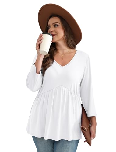 Image of OFEEFAN 3 /4 Length Sleeve Womens Tops 2026 Blouses for Women Dressy Casual Fashion Clothing V Neck Babydoll Tops Fall Outfits