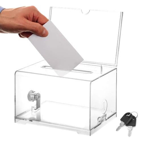 Acrylspendenbox, Spendenbox Abschließbar, Wahlurne Transparent mit Schlüssel Schloss, Spardose Transparent, mit Einstecktafel, für Abstimmungen, Gewinnspiele, Wettbewerbe, Visitenkarten