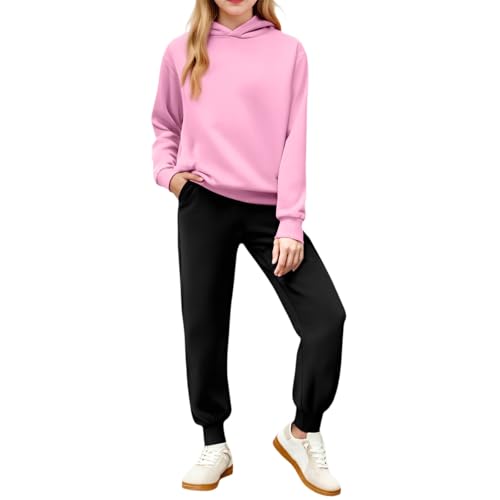 Girls Sweatsuit 2 Piece Outfits - Hoodie Sweatshirts and Sweatpants with Pockets Fall Winter Fashion Jogger Set Light Pink