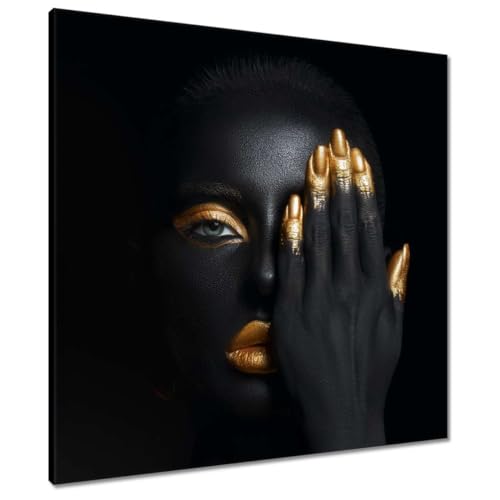 Tableau toile visage sous la main dorée 70x70 cm pour mur élégant