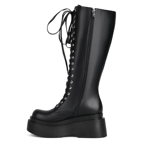 Image of Parisuit Women's Knee High Goth Platform Boots Lace Up Combat Boots