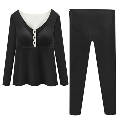 ACMEDE Ensemble de sous-Vêtements Thermiques Maternité Femme Haut & Bas Maillot de Corps Manches Longues avec Polaire & Pantalon Chaud Automne Hiver Pyjama de Grossesse et Allaitement,S-L,43-80KG