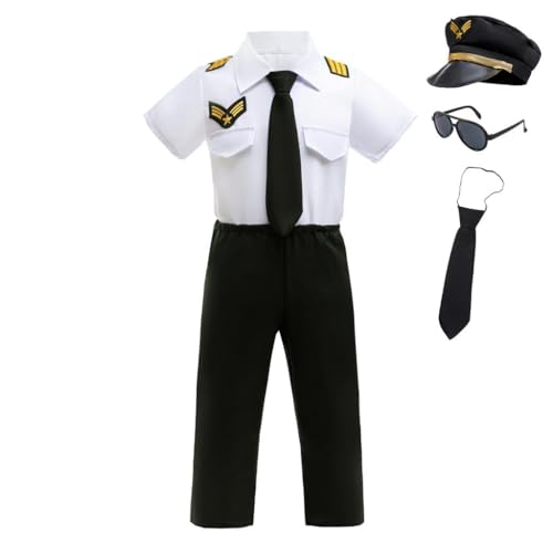 Lito Angels Deguisement Pilote Garcon Tenue Avion 5 Pieces avec Lunettes Chemise Cravate Chapeau Pantalon Taille 140 9-10 Ans pour Noel Carnaval Halloween Fete Ecole