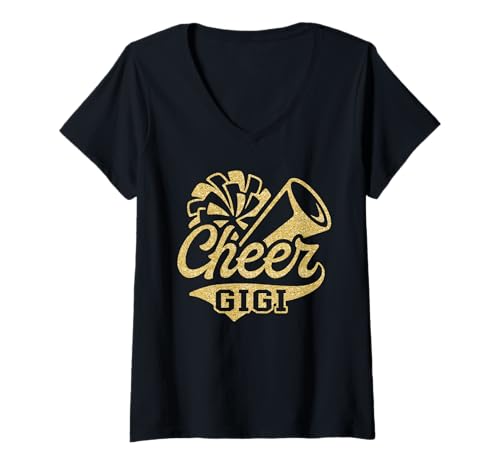 Womens Cheer Gigi Biggest Fan Cheerleader Black Yellow Gold Pom Pom V-Neck T-Shirt