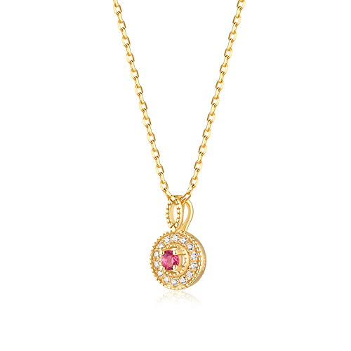 Collar de turmalina rosa natural con colgante redondo de circonio blanco