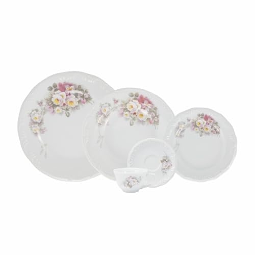 Serviço de Jantar e Café 20 Peças em Porcelana, Xícaras sem Pé, Modelo Pomerode, com Relevo, Decoração Eterna, Porcelana Schmidt Serviço de Jantar e Café 20 Peças em Porcelana, Xícaras sem Pé, Modelo Pomerode, com Relevo, Decoração Eterna, Porcelana Schmidt