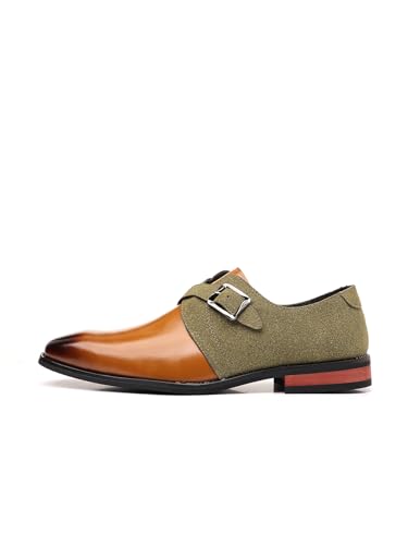 Men's Two-Tone Monk Strap Dress Shoes, Brown Leather and Olive Suede, Classic Buckle Design