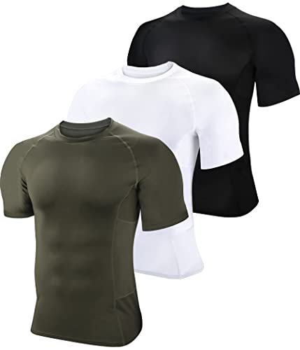 BOOMCOOL Heren compressie shirts korte mouw, sport basislaag T-shirts tops, atletische workout shirt 3 Pack, Zwart-wit-groen, XXL