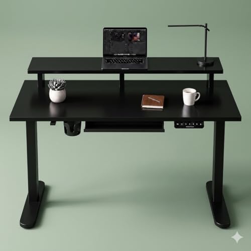 Image of Electric Height Adjustable Standing Desk with Cable Tray, Ergonomic Sit Stand Home Office Desk, Motorized Table (Black-Black Frame, 120X60CM)