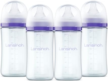 Lansinoh Anti-Colic Glass Baby Bottles, Purple Collar, 8 Ounces, 4 Count