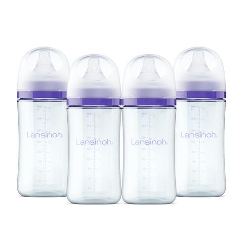 Lansinoh Glass Baby Bottles, Anti-Colic, 8 Ounces, 4 Count Bottles for Feeding, Baby Essentials, Includes 4 Medium Flow Nipples, Size M
