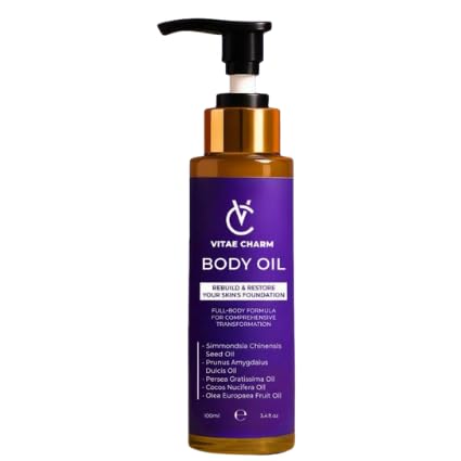 vitae charm Body Oil for Crepey Dry & Mature Skin | 9 Cold Pressed Botanical Oils | Skin Firming Body Oil with Fast Absorbing NonGreasy Formula for Arms Legs Chest Body | 3.4 fl oz