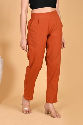 Image of Women's Solid Straight Fit 100% Cotton Trousers | High Waist, Side Pockets, Ankle Length Pants for Office, Casual