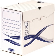 Boîtes à archives Bankers Box Basic, format A4+, larg. 150 mm, coloris blanc/bleu – Lot de 25