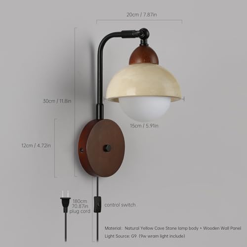 Image of Yellow Travertine Wall Lamp, Wabi-Sabi Lighting Fixture Nordic Modern Marble Wall Sconce,Yellow Natural Stone Bedside Wall Lamps 9W, Wooden Base with Plug in Hardwired 2 in 1 Wall Lights for Bedroom