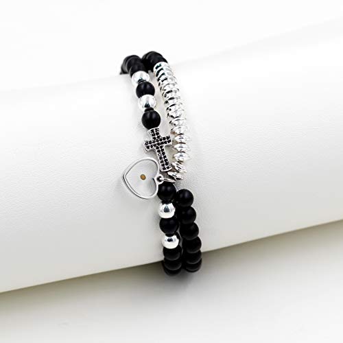 Uloveido White Black Beaded Natural Stone Bracelet, CZ Pave Side Cross Bangle Bracelets Stack Adjustable, Mustard Seed Beaded Jewelry (White) - Image 3