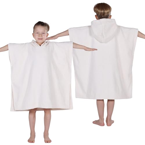 Image of Superior Kids Cotton Terry Poncho, Soft, Absorbent Bath Towel with Hood, Bathroom Accessories, Long, Plush Bathrobes for Bath, Shower, Spa, Resort, Hotel, Beach, Pool, Boy, Girl, Small /Medium, Ivory