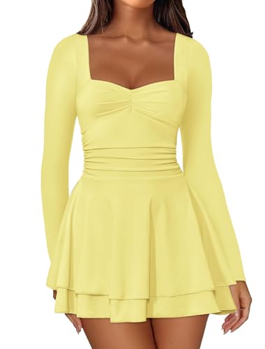 IWD Womens Fashion 2025 Long Sleeve Square Neck Ruffle Mini Dress Flowy Ruched Waist Corset A Line Dress Party Club Short Dresses Light Yellow Large