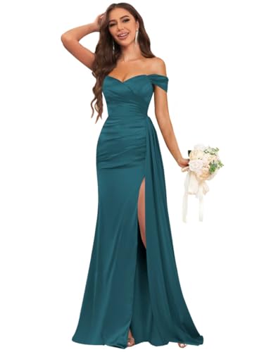 Fancy Bridesmaid Dresses for Wedding Off The Shoulder Mermaid Satin Prom Dress Formal Gown with Draping
