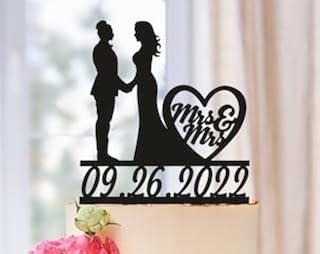 Lesbian Cake Topper with Date, Mrs & Mrs, 6in x 5in, Multicolored, Perfect for Engagement, Wedding, Anniversary, Birthday, Graduation