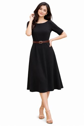 Image of Women's Elegant Midi Dress with Belt | Half Sleeve Fit & Flare Casual Dress | Knee Length Office Party Western Dress for Women