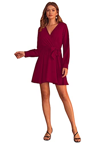 WDIRARA Women's Long Sleeve Deep V Neck Wrap Belted Flared A Line Mini Dress  Burgundy S at Amazon Women's Clothing store