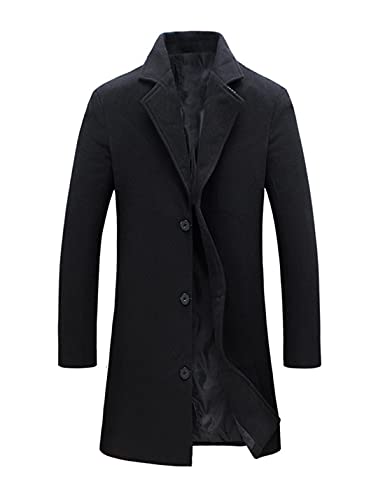 Tanming Mens Black Trench Coat Notched Lapel Single Breasted Long Peacoat Overcoat (Black-L)