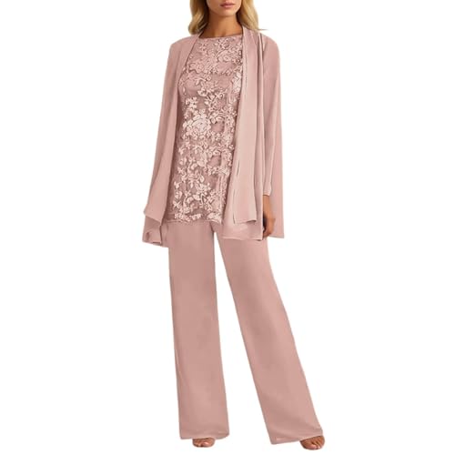 3 Piece Trouser Suits for Women for Weddings UK Lace Mother of The Bride Outfits with Jacket Elegant Long Sleeve Wedding Guest Dress Suit (UK, Alpha, L, Regular, Regular, Pink)