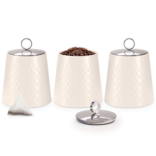 EHC Tea Sugar Coffee Canisters Set, Airtight Kitchen Storage Jars with Lids, Set of 3 Containers, Cream - Image 2