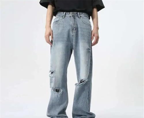 Men Distressed Denim Pants Wide Leg Loose Fit Vintage Streetwear Trousers Casual Jeans2