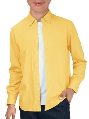 Haloumoning Boys Long Sleeve Button Down Shirt Kids Cotton Texture Dress Shirts School Uniform Shirt 5-14 Years