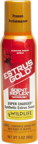 Wildlife Research Center Estrus Gold Spray, Super Charged Synthetic Doe Estrus Scent with Scent Reflex Technology, Ultra-Realistic Rut Attractant, Synthetic Hunting Scent, 3 OZ Aerosol Spray Can