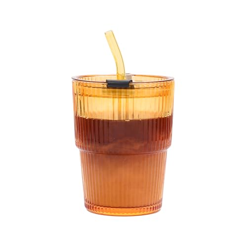 13 OZ Matcha Cups Glass with Reusable Straw Insulated Iced Latte Tumbler Mug Leakproof Travel for Iced Coffee Smoothie Tea BPA Free Dishwasher Safe Eco-Friendly. (Amber-1pcs)