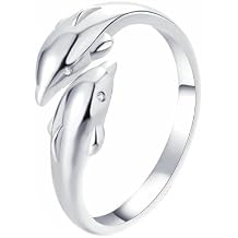 Cutesmile Dolphin Ring Fashion Jewelry Gold/Silver CZ Crystal Diamond Double Dolphin Open Adjustable Ring for CoupleSilver