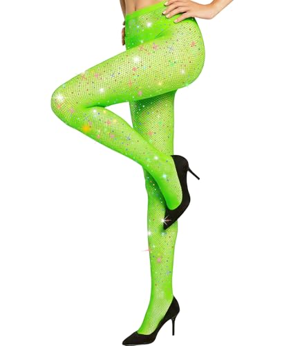 MEEZY Green Fishnet Stockings Colorful Glitter Fishnet Tights for Adults, Sparkly Neon Tights Pantyhose High Waist Fishnet Stockings for Christmas Mardi Gras St. Patrick's Day Nightclubs Outfits