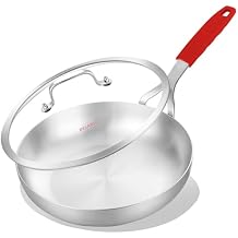 DELARLO 10inch Tri-Ply مقلاة من الفولاذ المقاوم للصدأ مع غطاء ، مقلاة من الفولاذ المقاوم للصدأ مع غطاء ، مقلاة آمنة من الفرن 10 بوصة ، تسخين بسرعة وبشكل متساوٍ ، أدوات طهي من الفولاذ المقاوم للصدأ المتينة