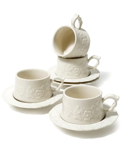 ZEBERBO Ceramic Espresso Cups and Saucers Set of 4, Floral Petal Design Cappuccino Cups with Handles, Vintage Style Porcelain Coffee Cup Set, Microwave & Dishwasher Safe(Cream-Flower)