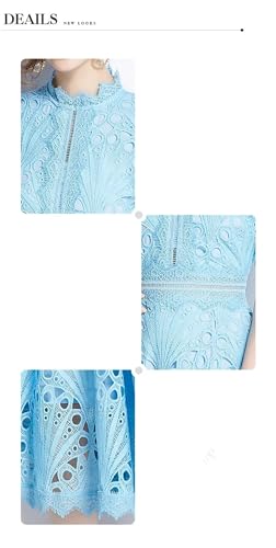 Image of Womens Vintage High-End O-Neck Short Sleeve Lace Hollow Out Dress Slim Elegant Long Dress