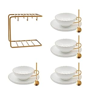 Tea Cup Set Porcelain Tea Cup Sets Simple Cups and Saucer Coffee Cup with Spoon Cup Rack for Tea Coffee Latte Cappuccino(Gold 6 pcs) (Gold 4 pcs)